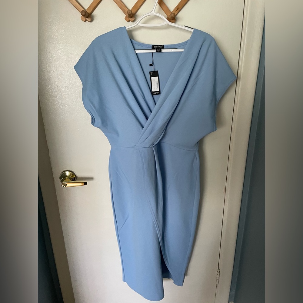 Boohoo Sky Blue Wrap Front Midi Dress- Size 12